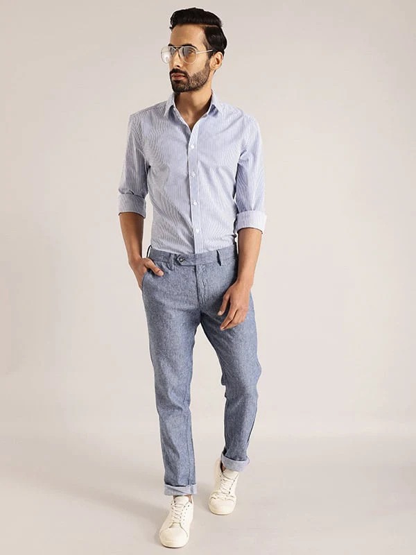 Indian Terrain Men's Slim Fit Self Design Blue Trousers